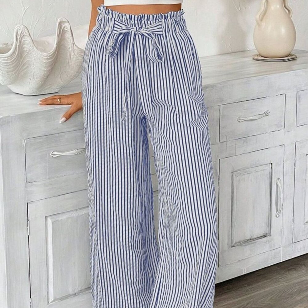 Women's Striped Wide Leg Paper Bag Pants Full Size and Plus Size